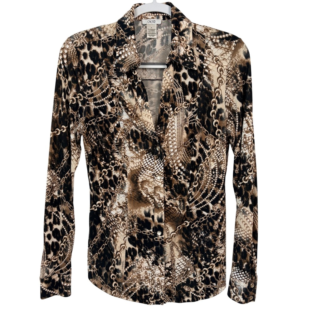 Vtg Cache Button Down Shirt Med Brown Animal Chain Print Snap Front Long Sleeve
